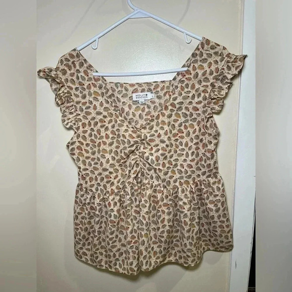 Mod Cloth Molly Bracken Size Large Cream Gold Foil Ruffle Fall V-Neck Blouse - Picture 4 of 12